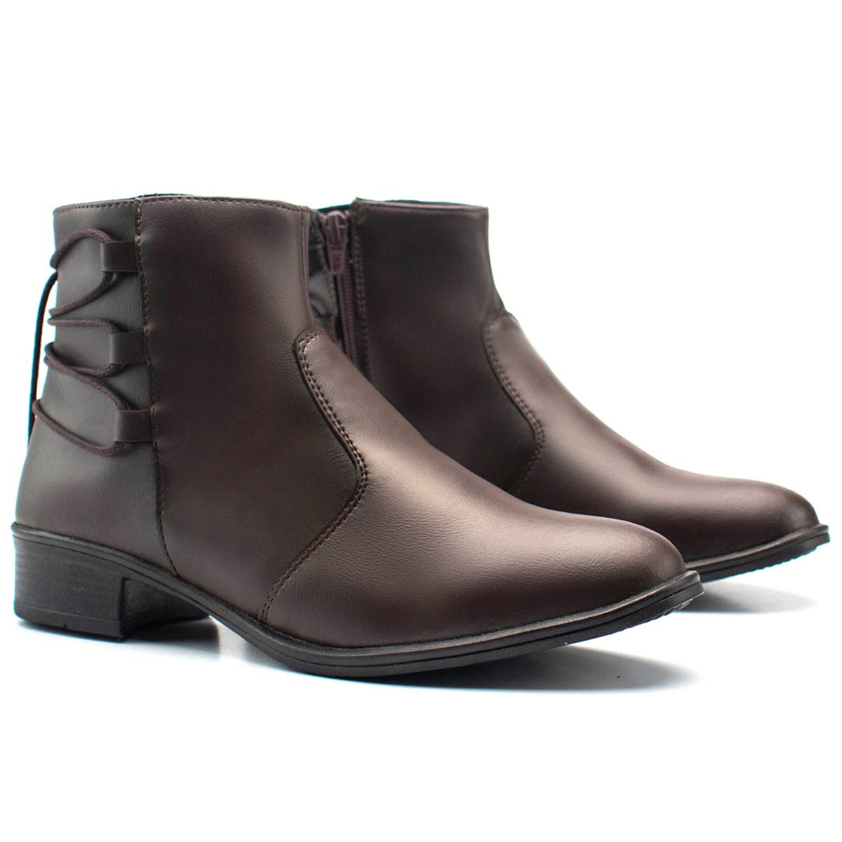 Bota Feminina Casual Bredeni Cano Curto Salto Baixo Bloco Grosso Ziper Confortavel Leve Marrom 4