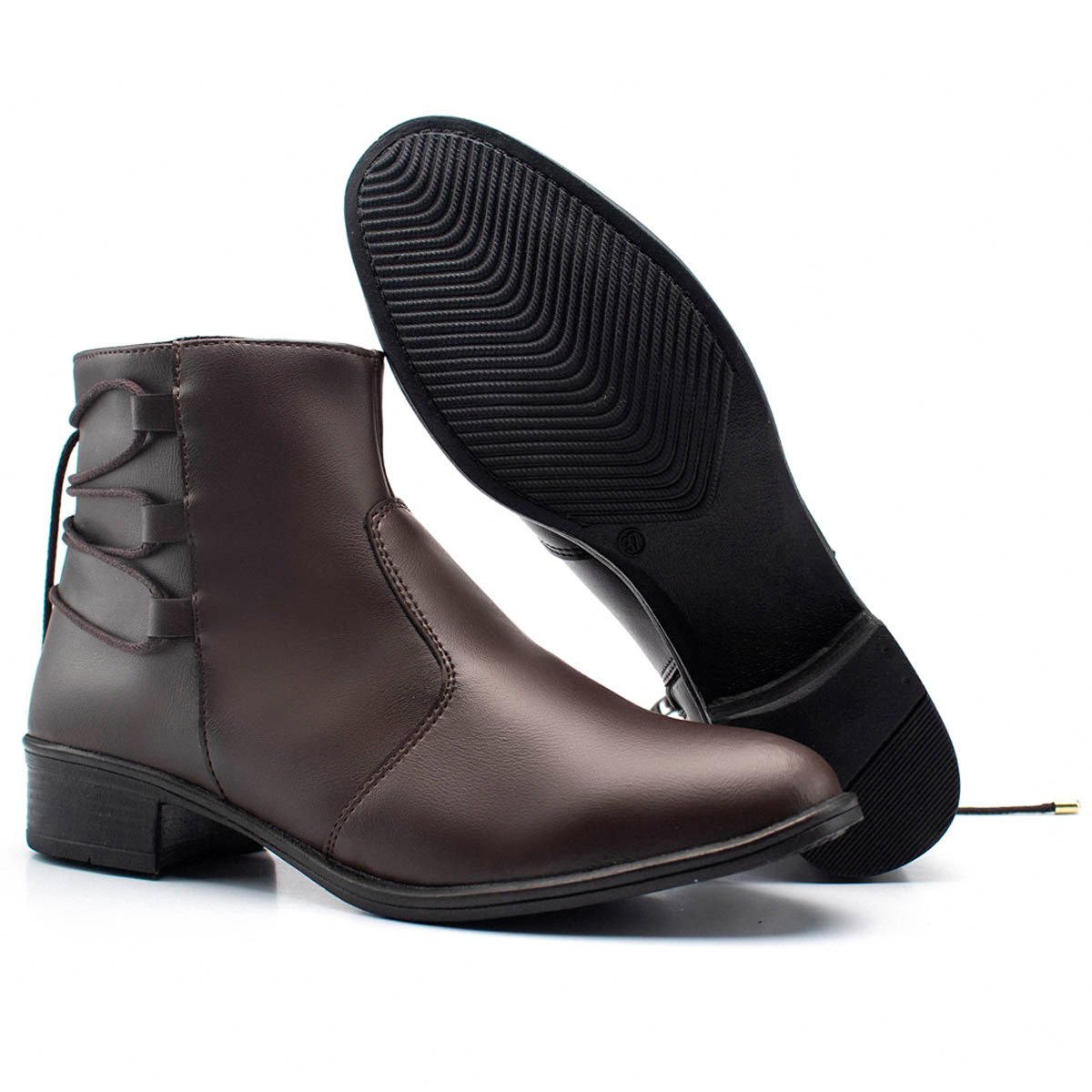 Bota Feminina Casual Bredeni Cano Curto Salto Baixo Bloco Grosso Ziper Confortavel Leve Marrom 5