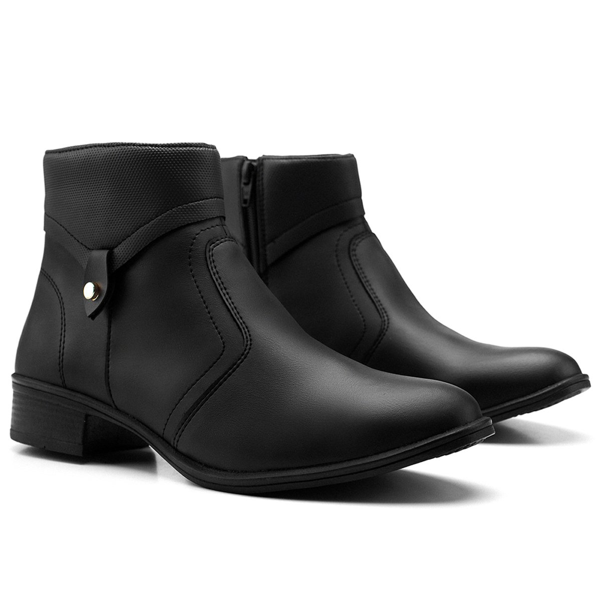 Bota Feminina Casual Bredeni Cano Curto Salto Baixo Bloco Grosso Confortavel Leve Ziper Preto 4