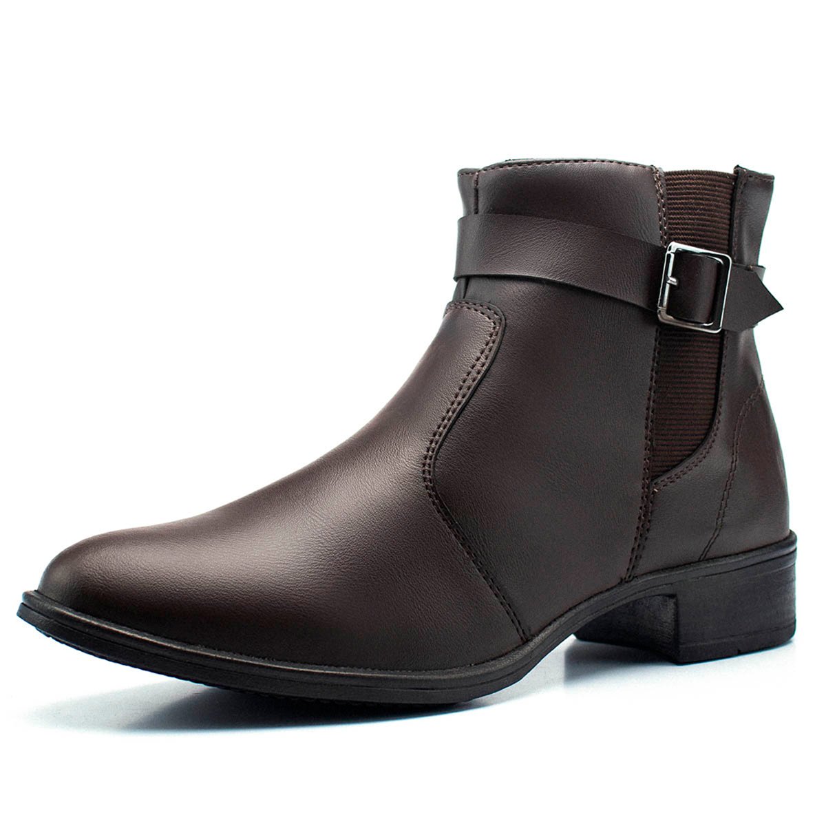 Bota Feminina Casual Bredeni Cano Curto Salto Baixo Bloco Grosso Confortavel Leve Ziper Fivela Marrom 3
