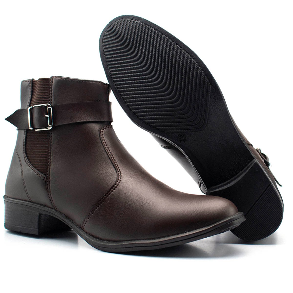 Bota Feminina Casual Bredeni Cano Curto Salto Baixo Bloco Grosso Confortavel Leve Ziper Fivela Marrom 5