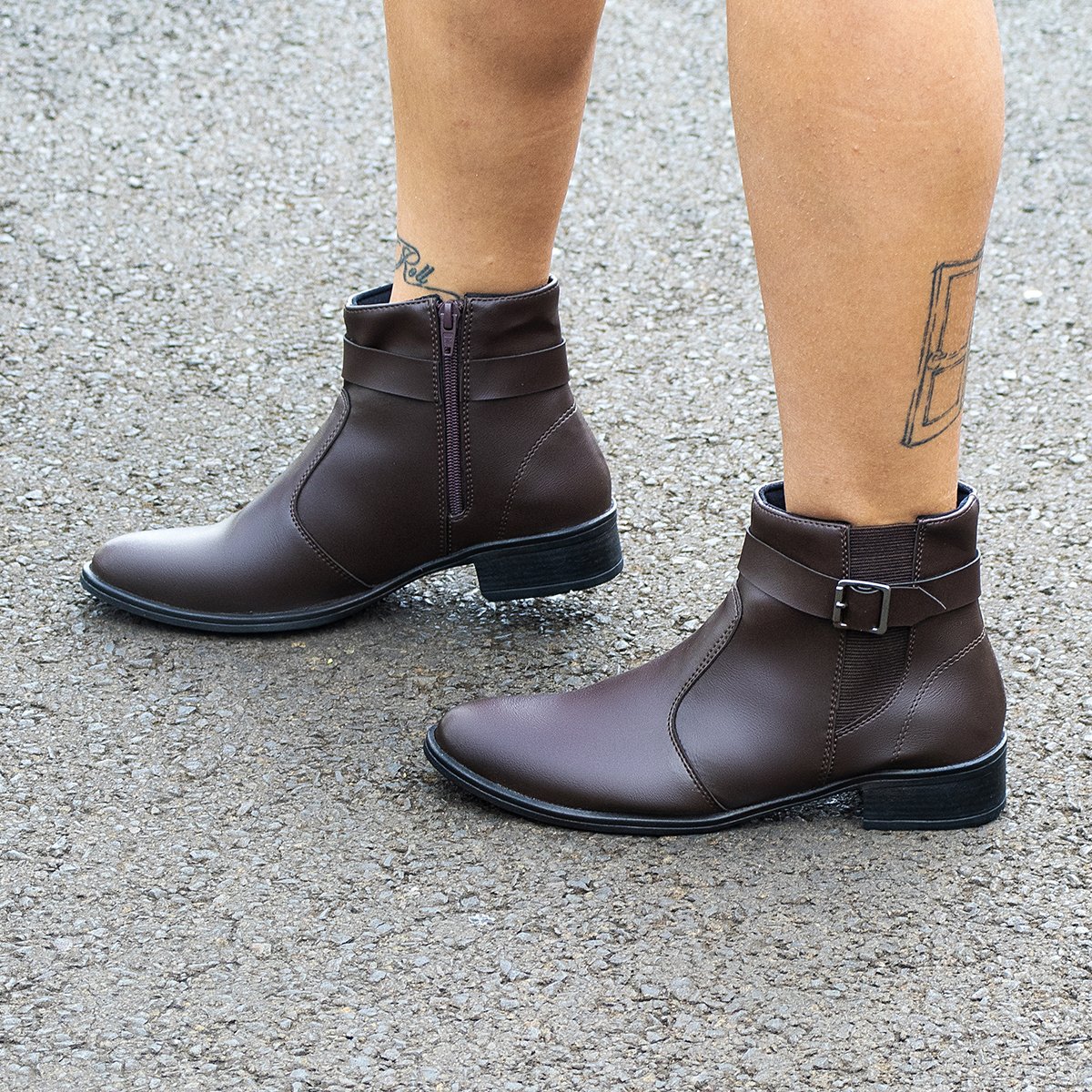 Bota Feminina Casual Bredeni Cano Curto Salto Baixo Bloco Grosso Confortavel Leve Ziper Fivela Marrom 6