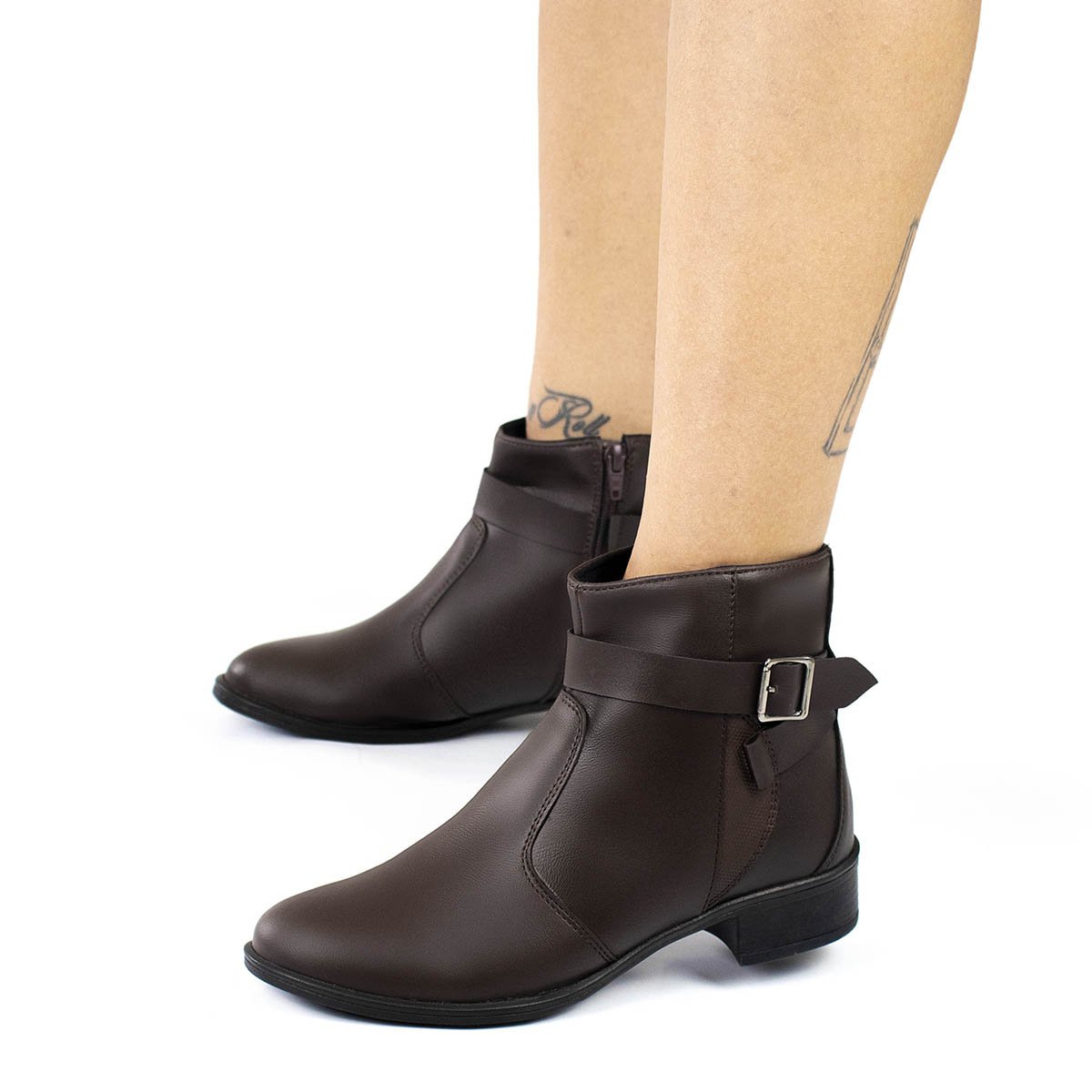 Bota Casual Feminina Bredeni Cano Curto Salto Baixo Bloco Grosso Confortavel Leve Ziper Fivela Marrom 2