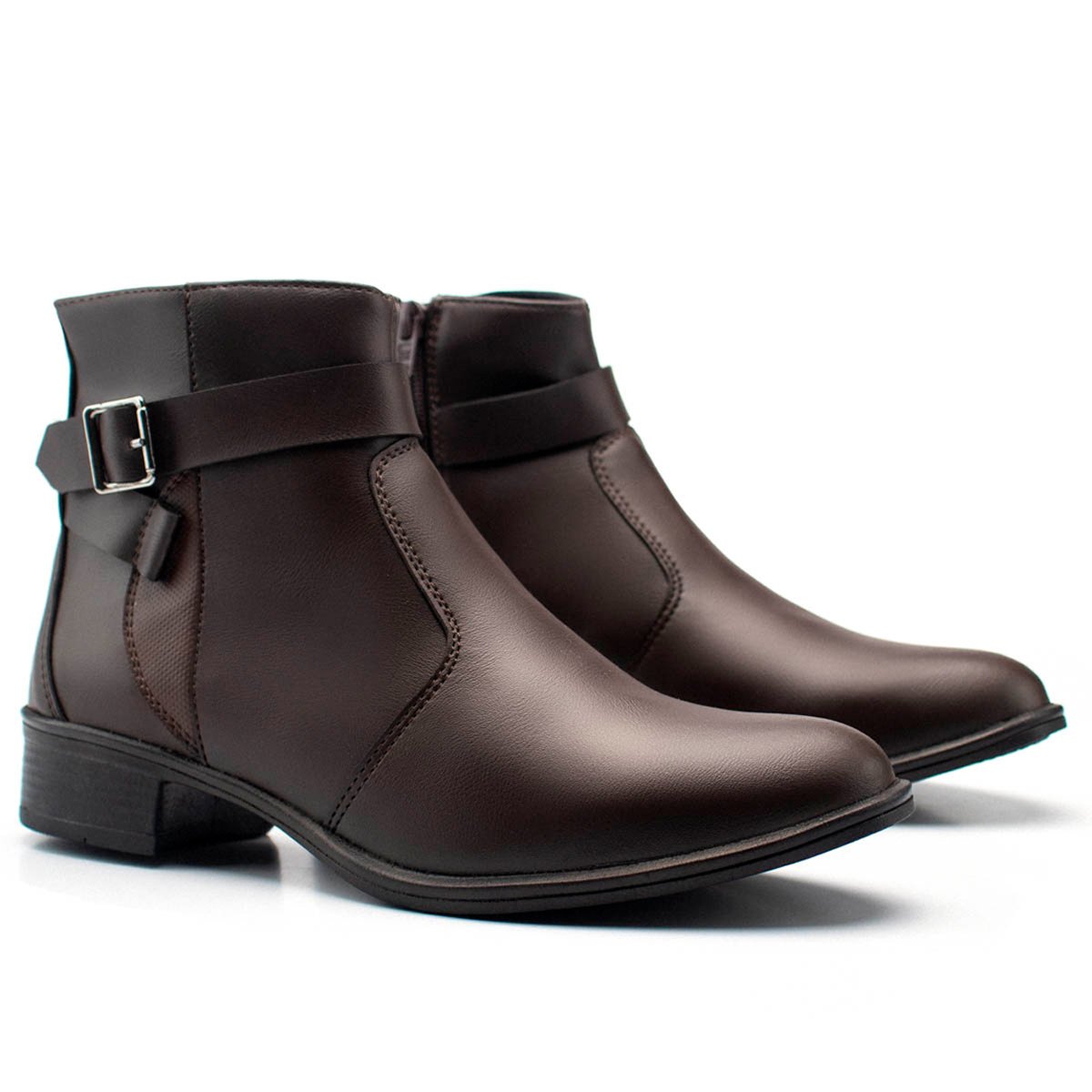 Bota Casual Feminina Bredeni Cano Curto Salto Baixo Bloco Grosso Confortavel Leve Ziper Fivela Marrom 4