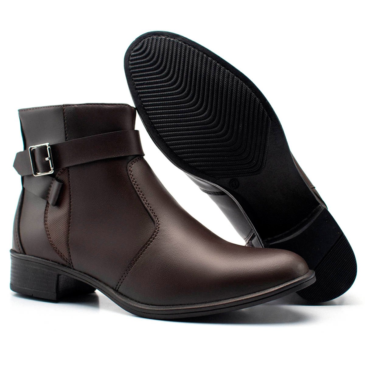 Bota Casual Feminina Bredeni Cano Curto Salto Baixo Bloco Grosso Confortavel Leve Ziper Fivela Marrom 5