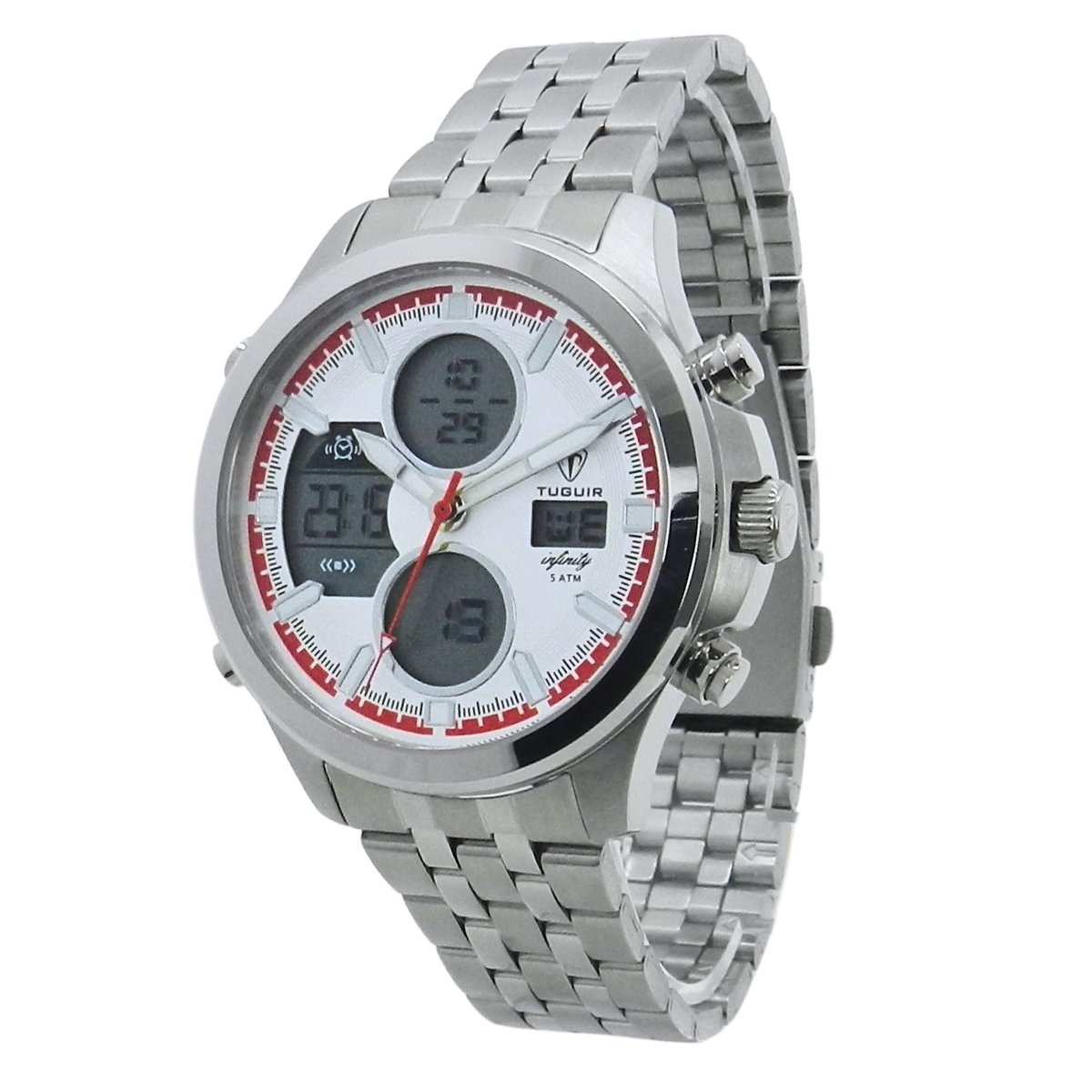Relógio Masculino de Aço Tuguir AnaDigi Infinity GCS-1273 Prata e Branco e Vermelho Prata 5