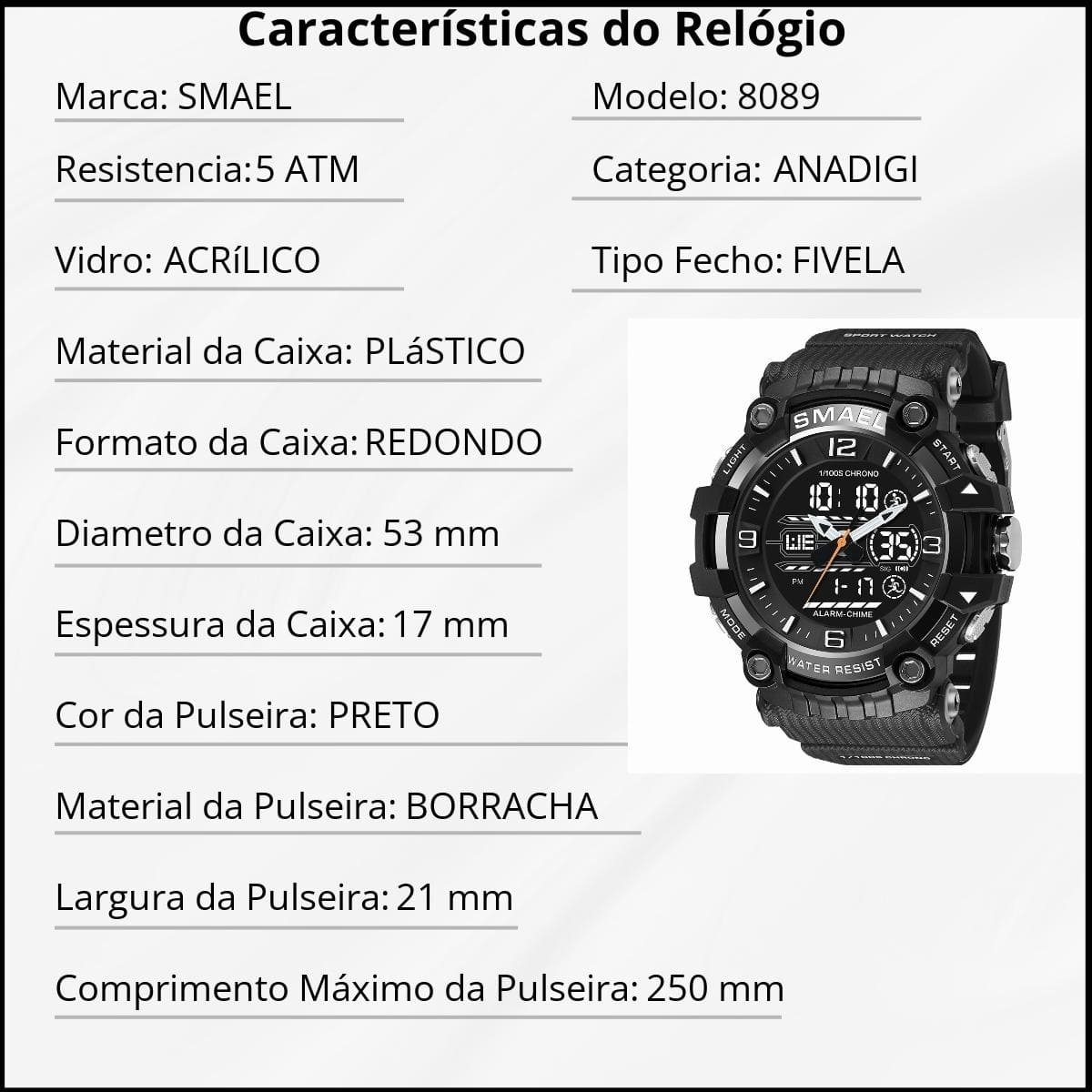 Relógio Masculino Smael AnaDigi 8089 Preto Preto 4