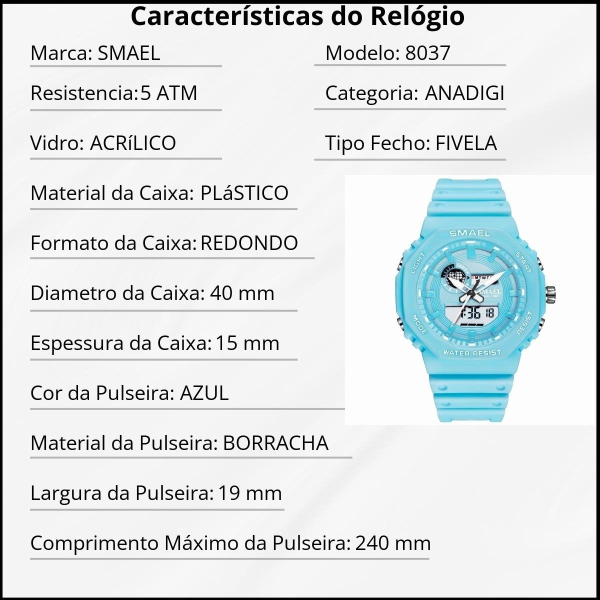 Relógio Masculino Smael AnaDigi 8037 Azul Azul 4