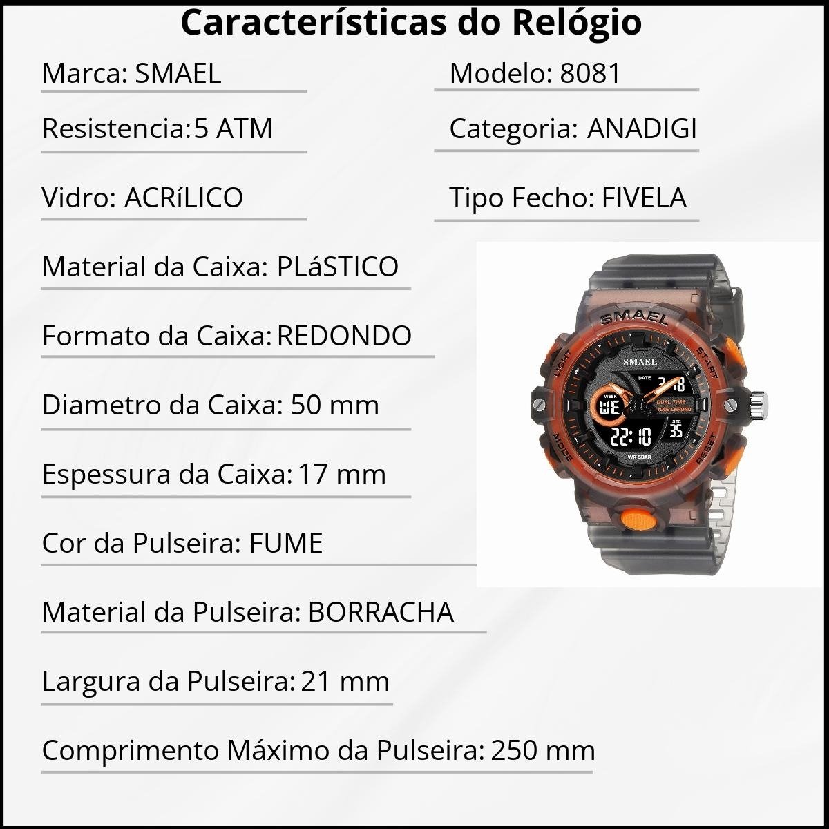 Relógio Masculino Smael AnaDigi 8081 Fume e Laranja Preto/Laranja 3