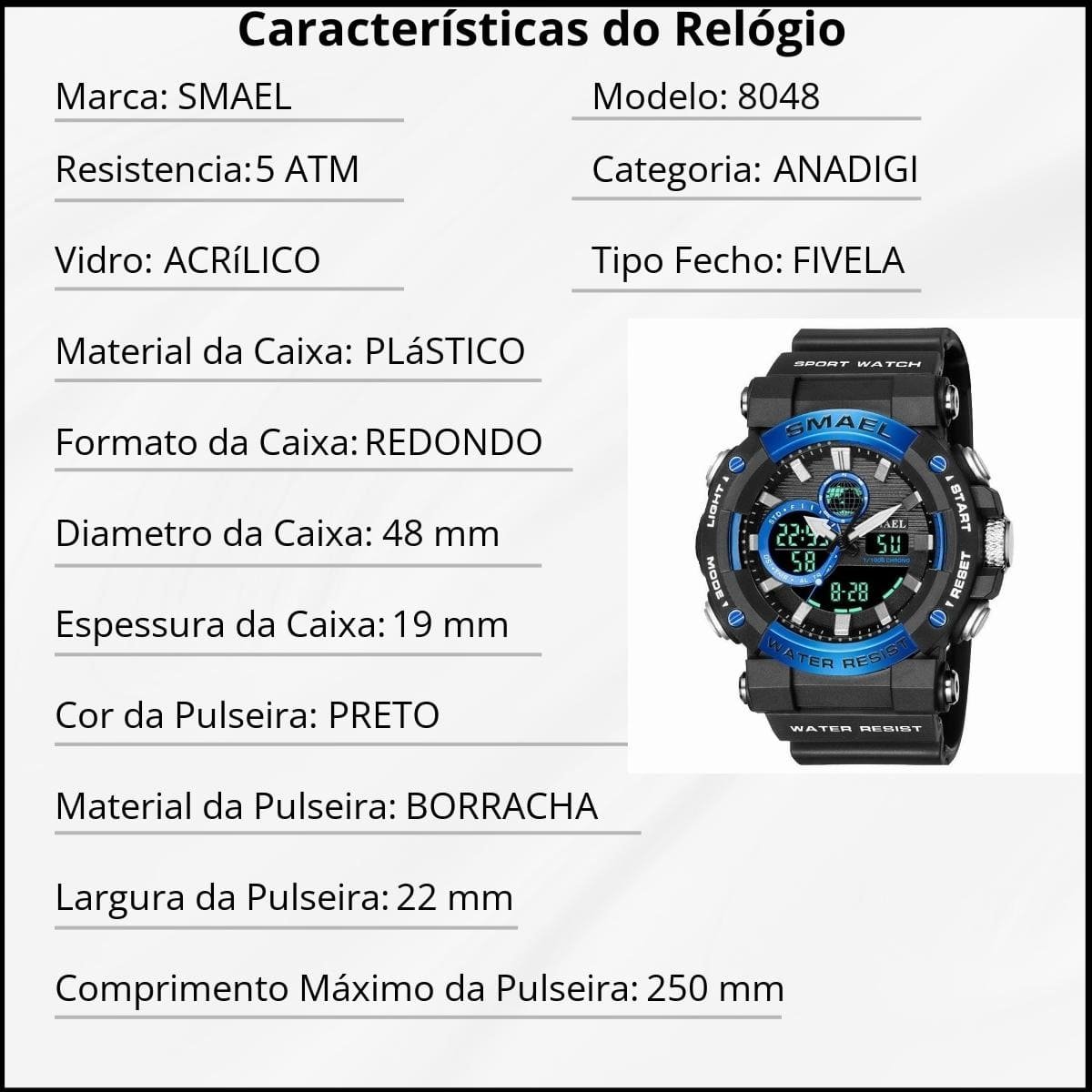 Relógio Masculino Smael AnaDigi 8048 Preto e Azul Preto 4