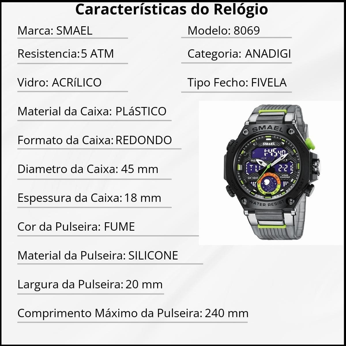 Relógio Masculino Smael AnaDigi 8069 Preto Preto 3
