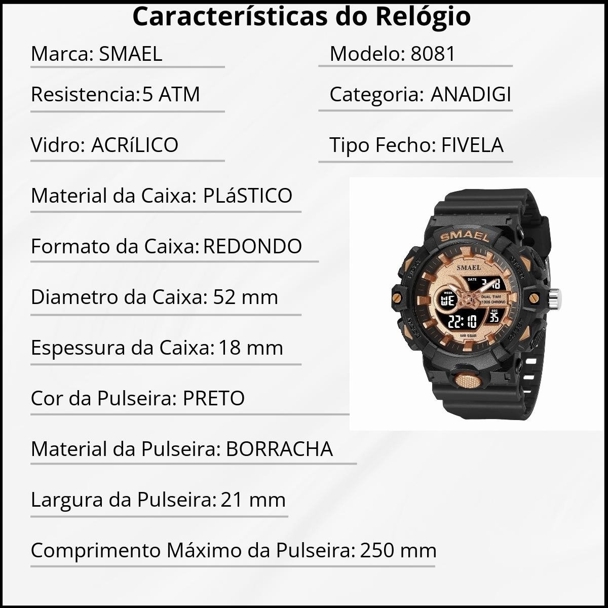 Relógio Masculino Smael AnaDigi 8081 Preto e Rose Preto 4