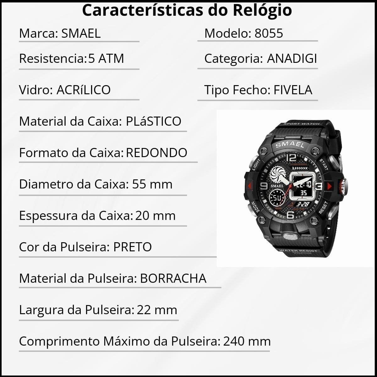 Relógio Masculino Smael AnaDigi 8055 Preto Preto 4