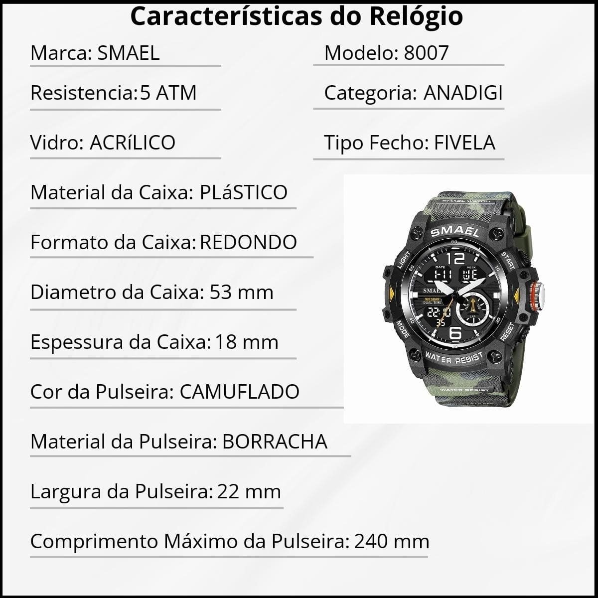 Relógio Masculino Smael AnaDigi 8007 Verde Camuflado e Preto Preto 3