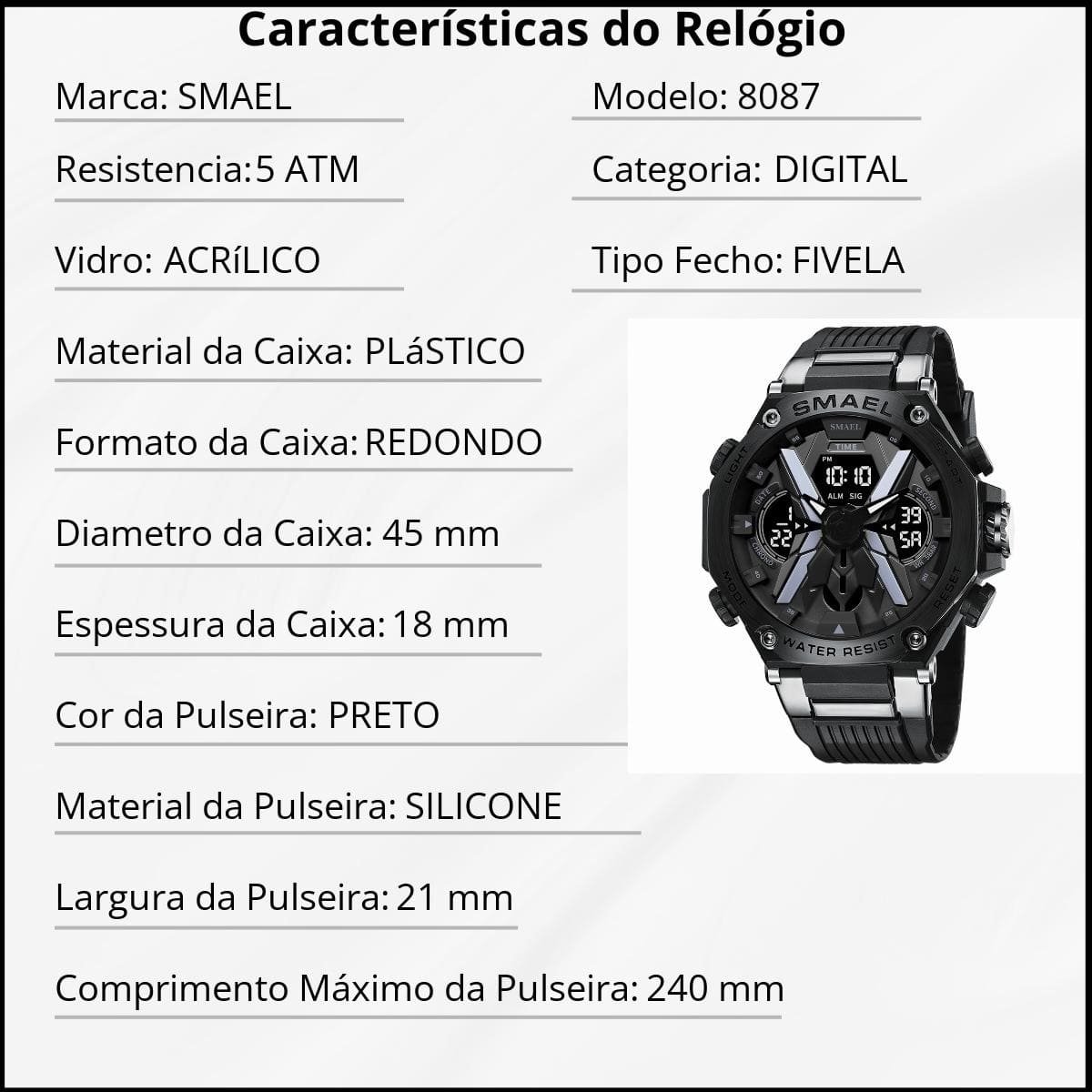 Relógio Masculino Smael Digital 8087 Preto Preto 4