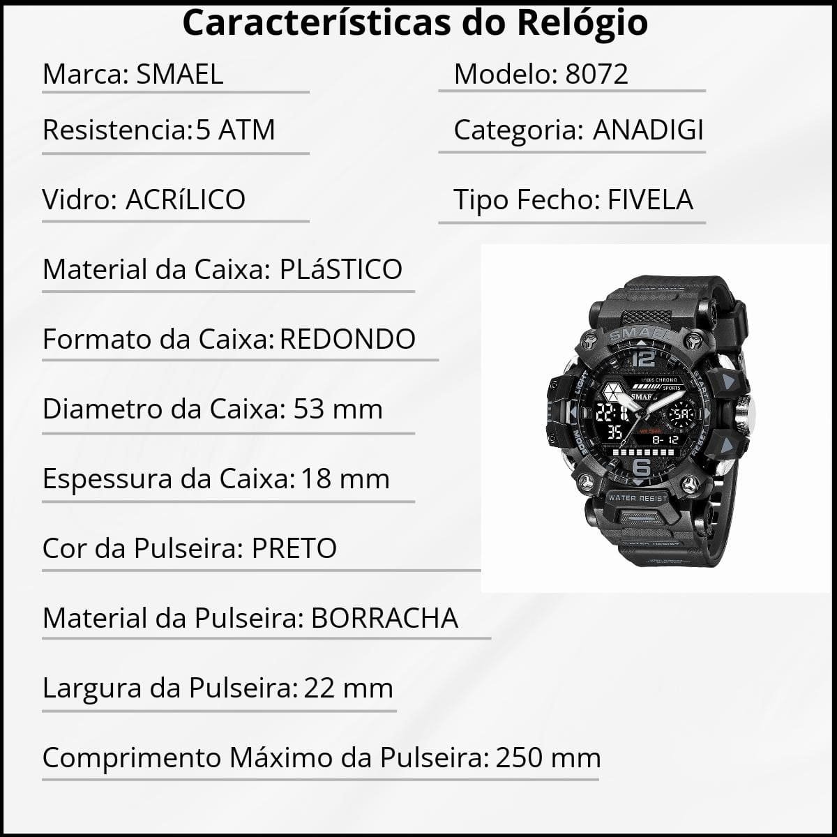 Relógio Masculino Smael AnaDigi 8072 Preto Preto 3