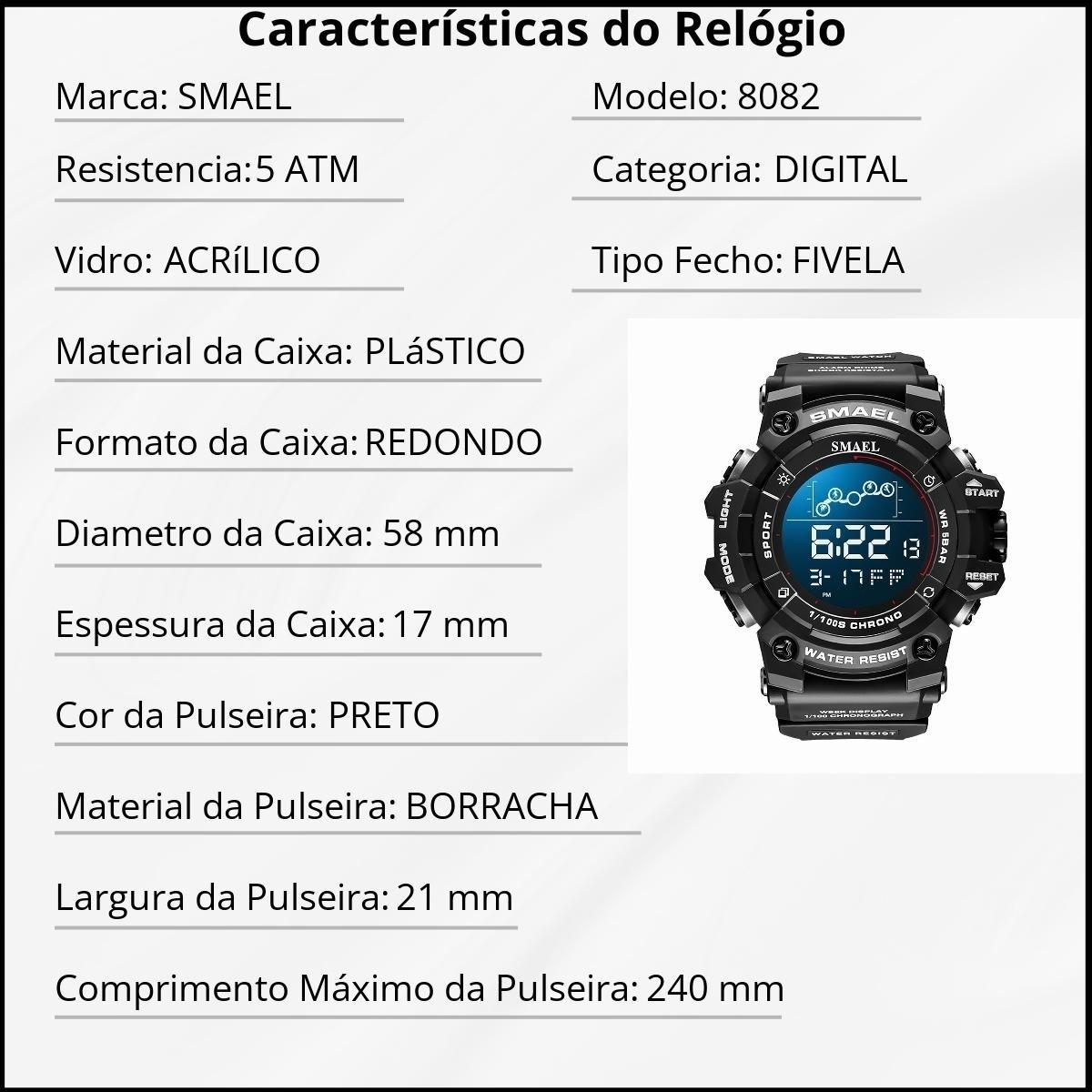 Relógio Masculino Smael Digital 8082 Preto Preto 2