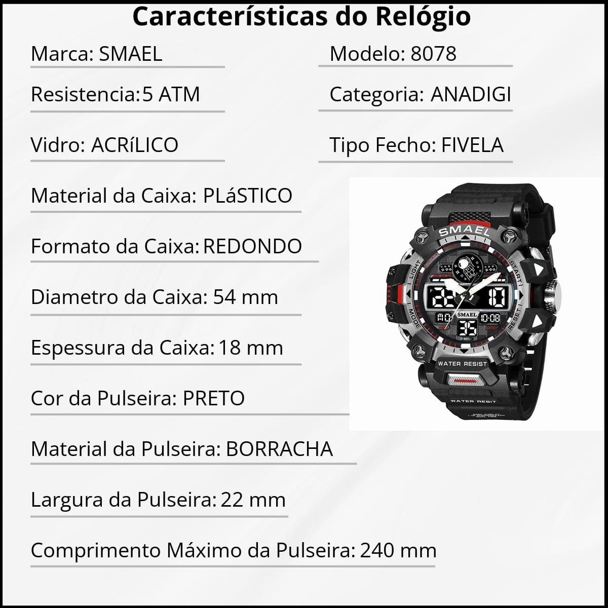 Relógio Masculino Smael AnaDigi 8078 Preto e Prata Preto 3