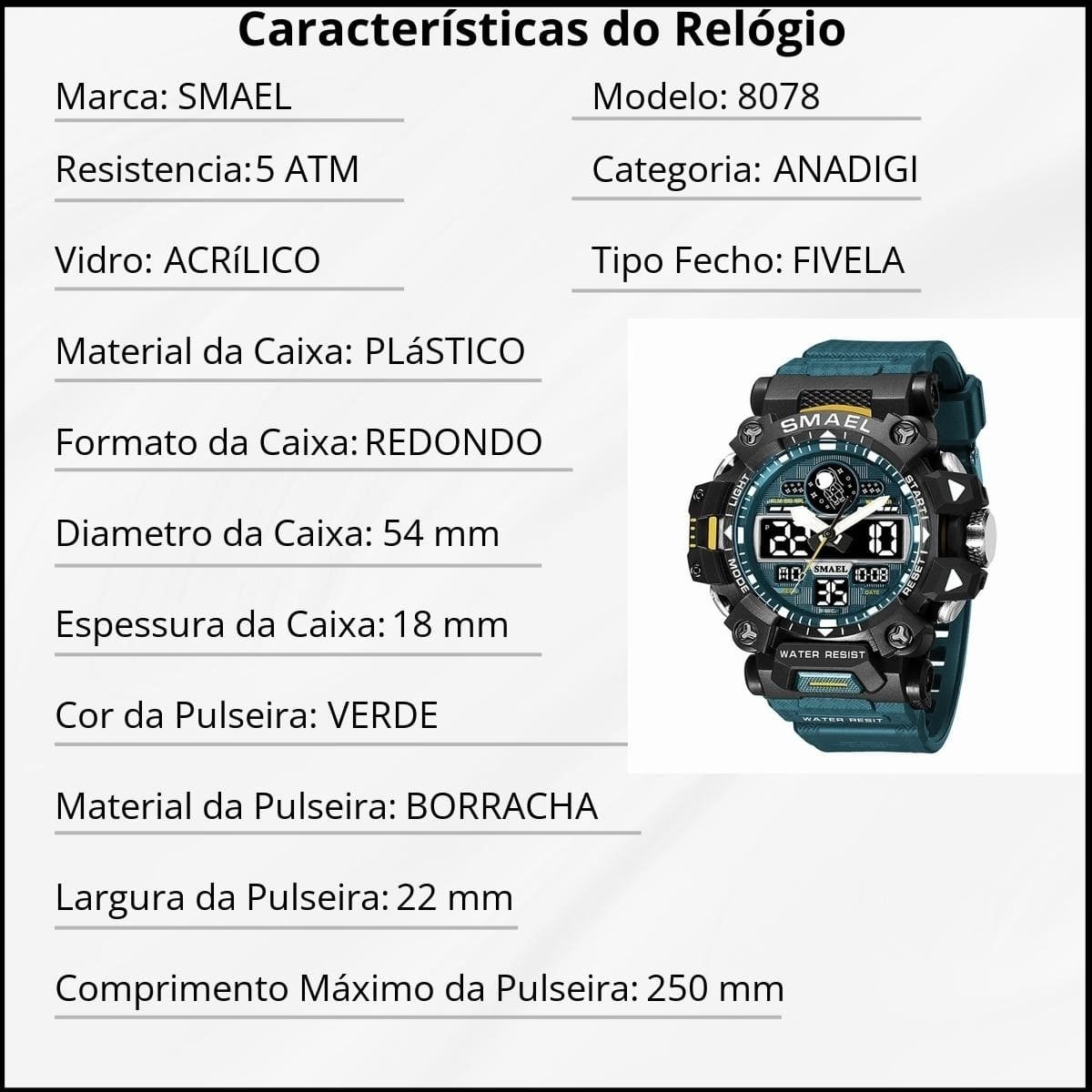 Relógio Masculino Smael AnaDigi 8078 Verde Preto 2