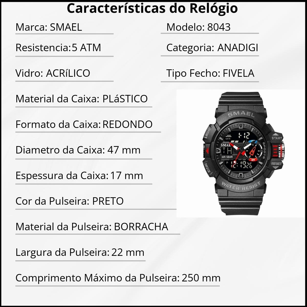 Relógio Masculino Smael AnaDigi 8043 Preto Preto 2