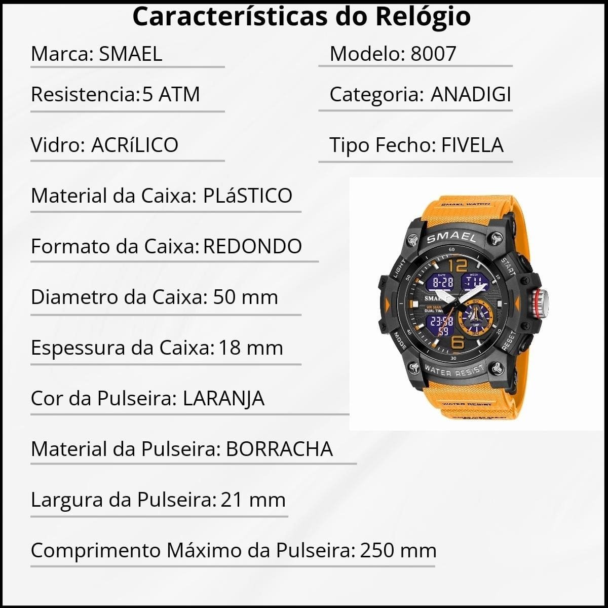 Relógio Masculino Smael AnaDigi 8007 Laranja e Preto Preto 3