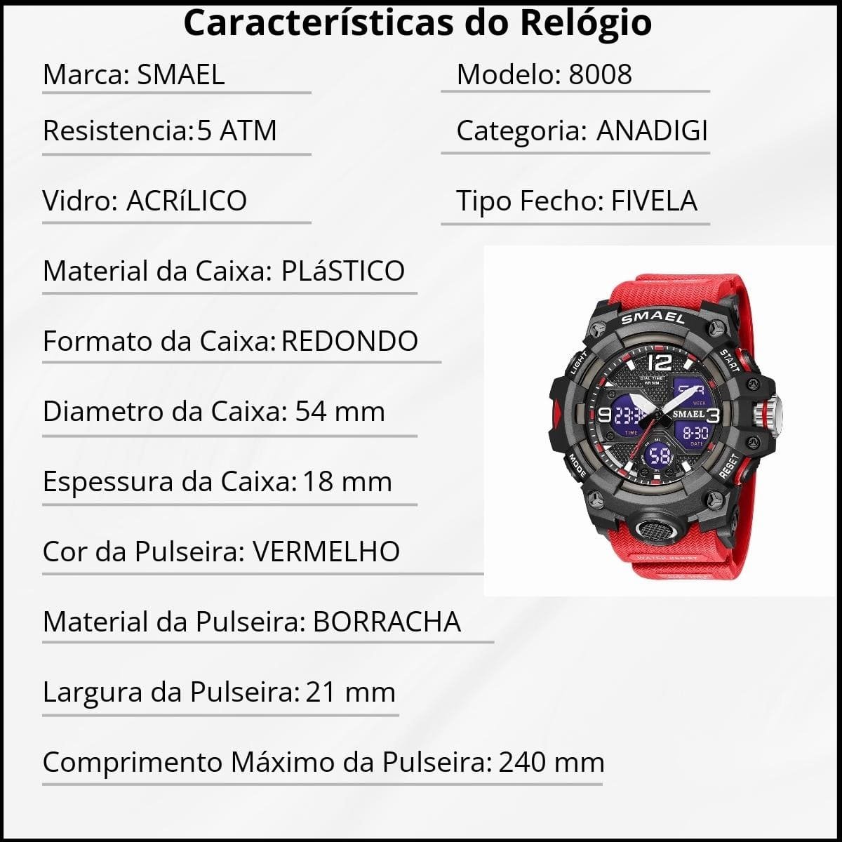 Relógio Masculino Smael AnaDigi 8008 Vermelho e Preto Preto 3