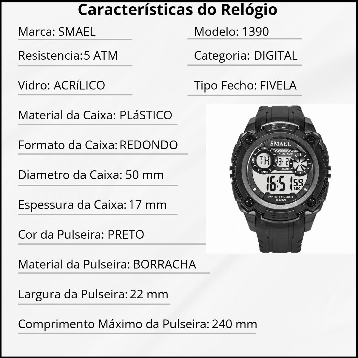 Relógio Masculino Smael Digital 1390 Preto Preto 3