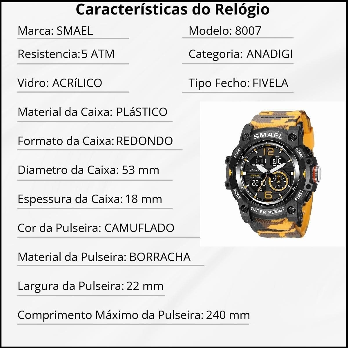 Relógio Masculino Smael AnaDigi 8007 Laranja Camuflado e Preto Preto 3