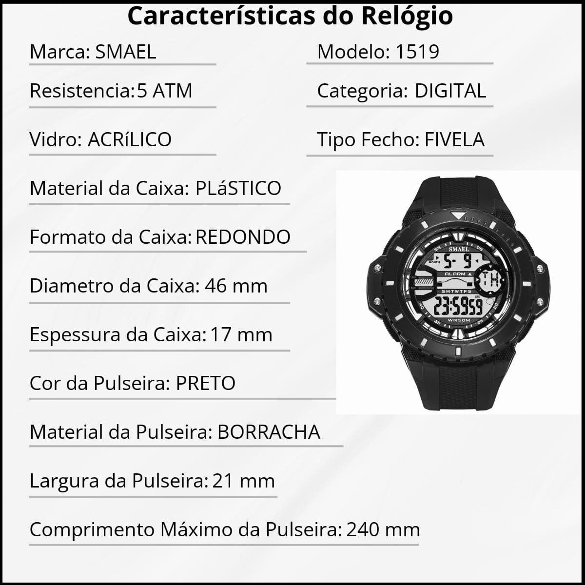 Relógio Masculino Smael Digital 1519 Preto Preto 2