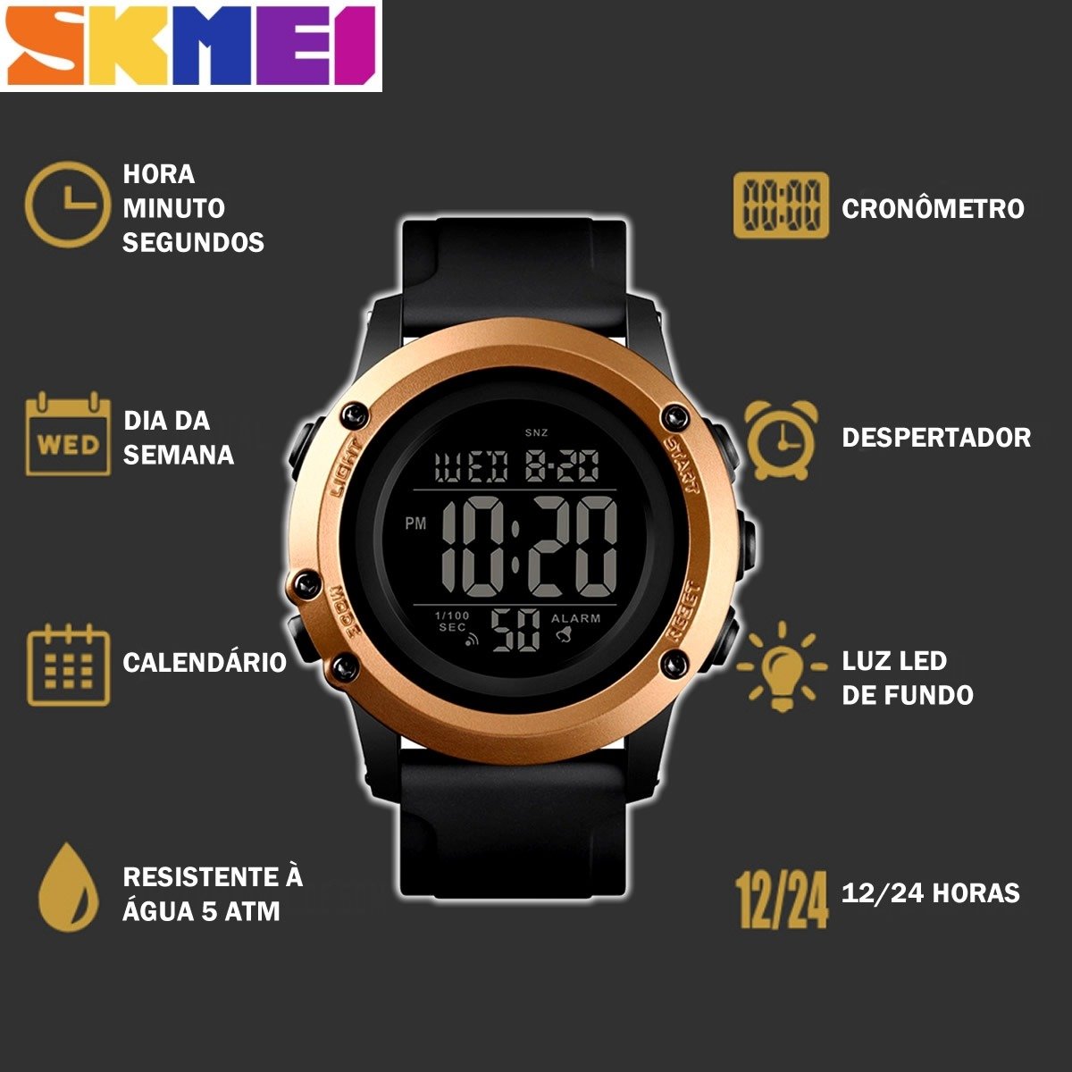 Relógio Masculino Skmei Digital 1506 Preto e Dourado Dourado 7