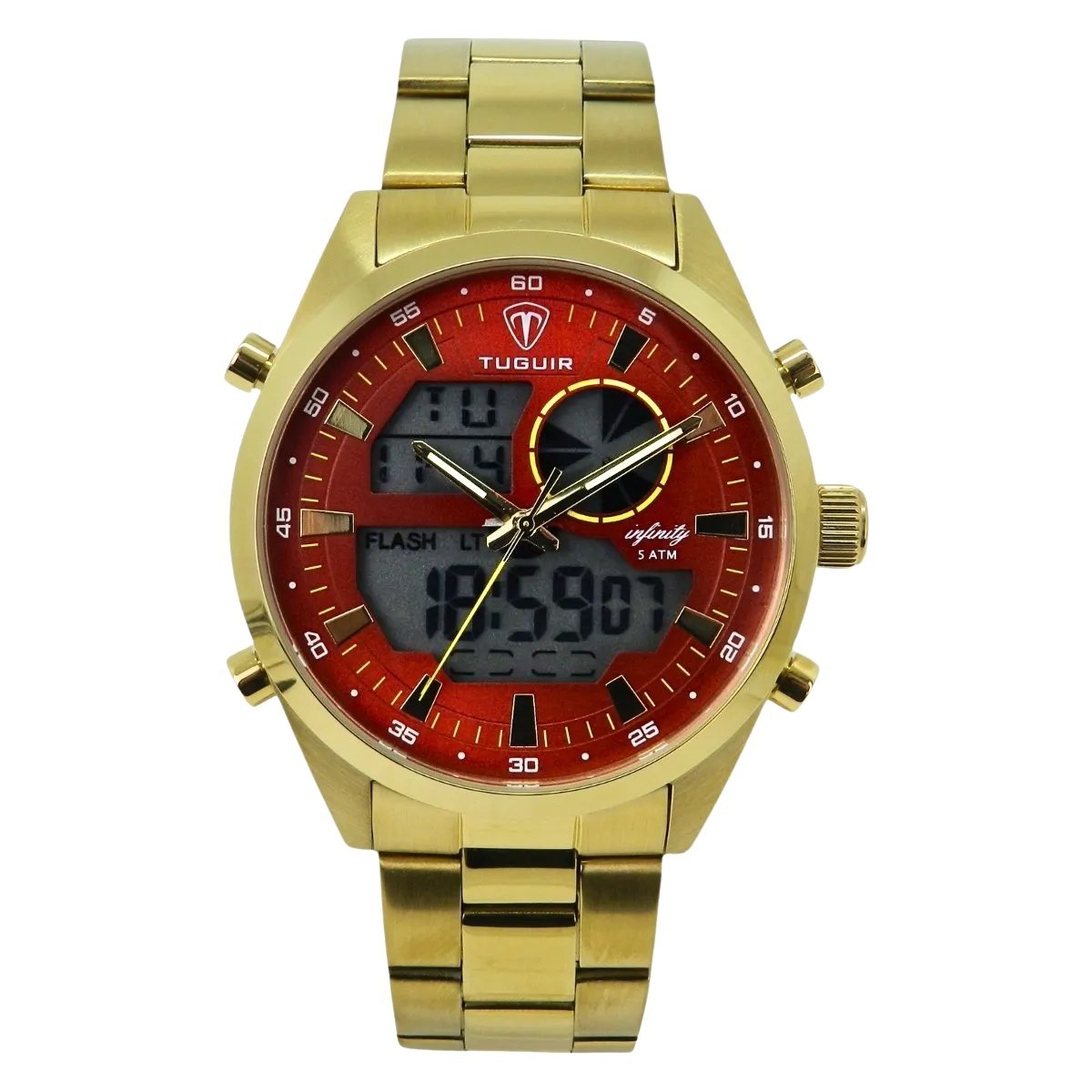 Relógio Masculino de Aço Tuguir AnaDigi Infinity GCS-1265 Dourado e Vermelho (DCRE: 2024/14985-0)