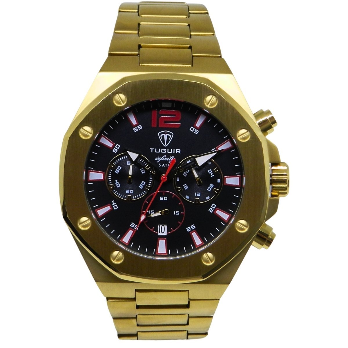 Relógio Cronógrafo Masculino de Aço Tuguir Analógico Infinity GCS-1271 Dourado e Preto (DCRE: 2024/15948-0)