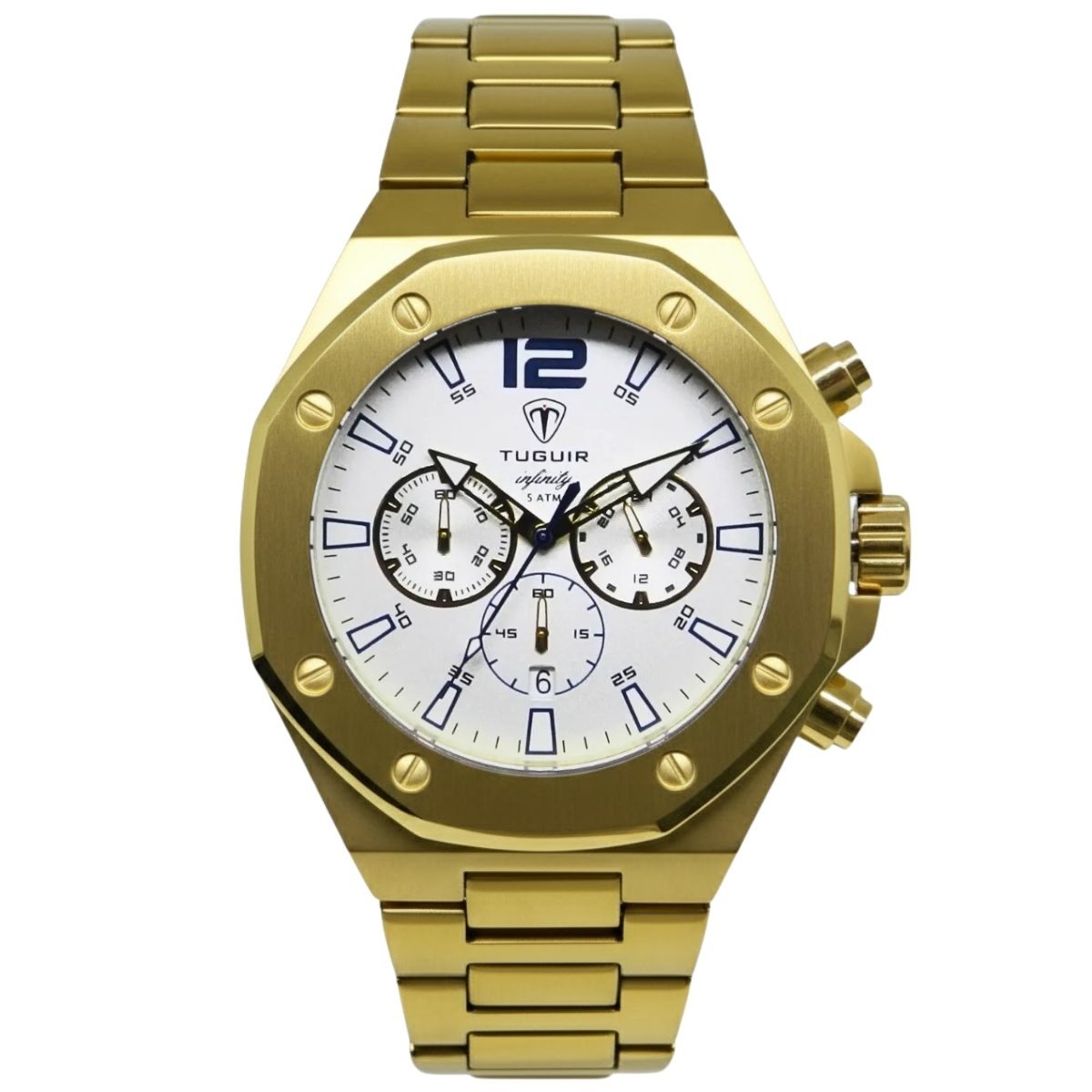 Relógio Cronógrafo Masculino de Aço Tuguir Analógico Infinity GCS-1271 Dourado e Branco (DCRE: 2024/15948-0)