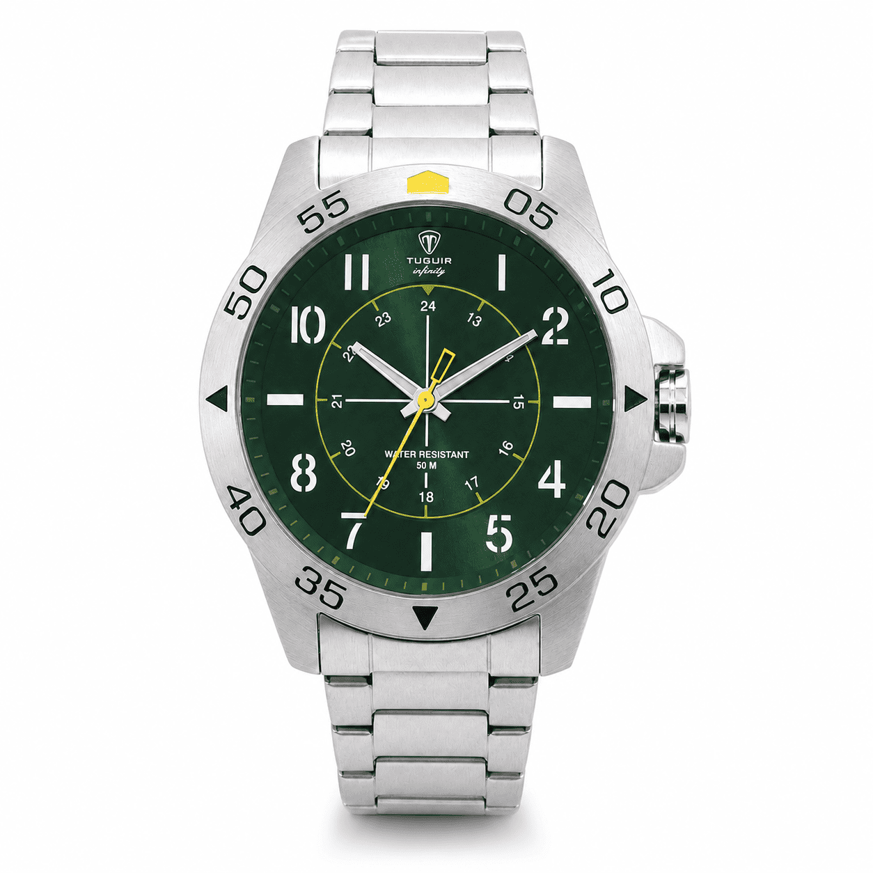 Relógio Masculino de Aço Tuguir Analógico Infinity 9167F Prata e Verde e Amarelo (DCRE: 2024/14948-5)