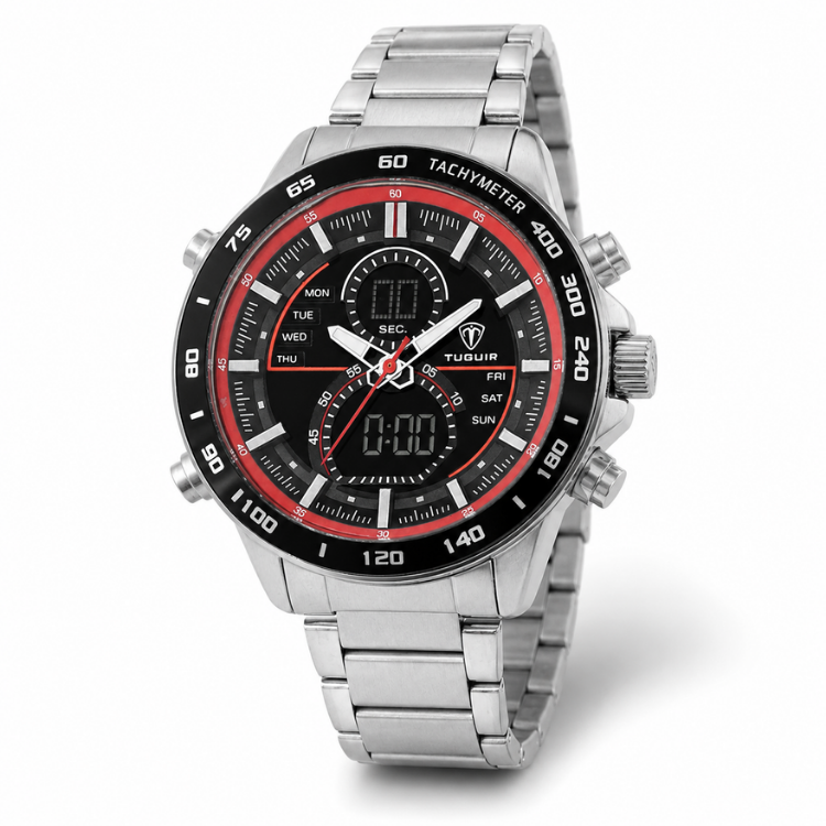 Relógio Masculino Tuguir AnaDigi TG1156 Prata e Vermelho (DCRE: 2023/27863-0)