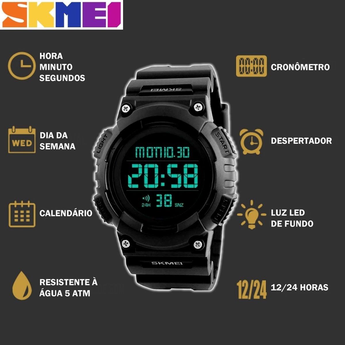 Relógio Masculino Skmei Digital 1248 Preto (DCRE: 2022/09373-3) Preto 5
