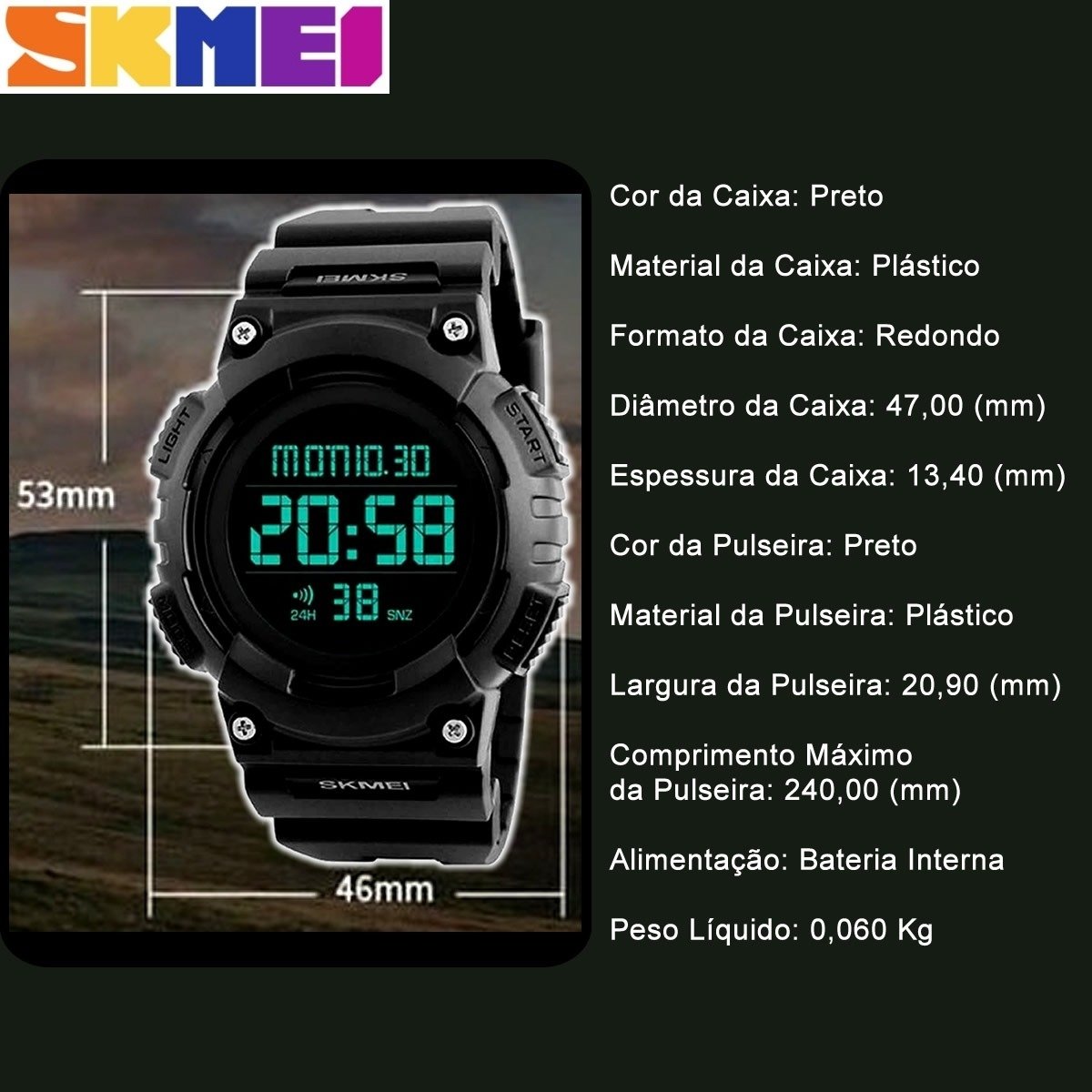 Relógio Masculino Skmei Digital 1248 Preto (DCRE: 2022/09373-3) Preto 7