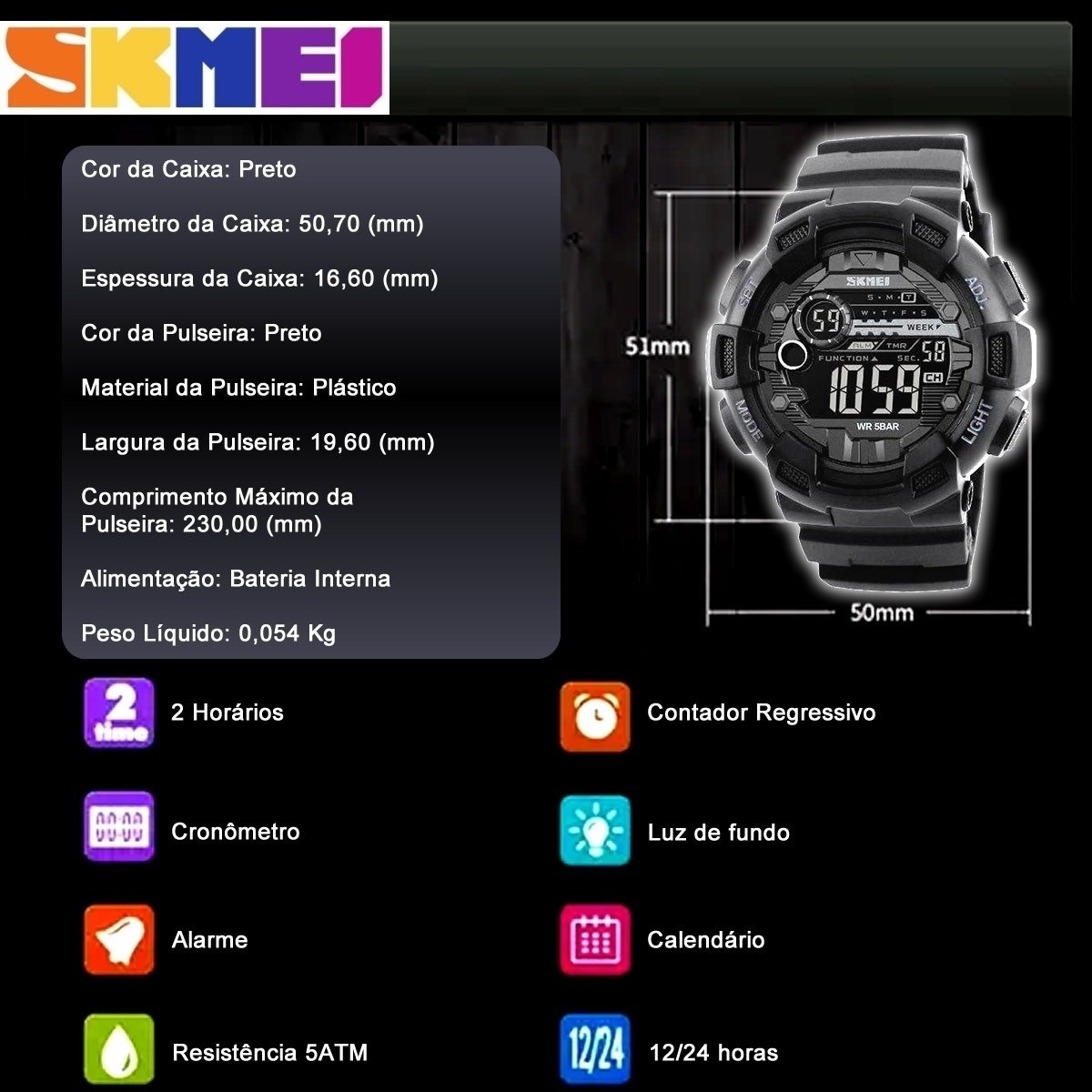 Relógio Masculino Skmei Digital 1243 Preto (DCRE: 2022/09098-0) Preto 5