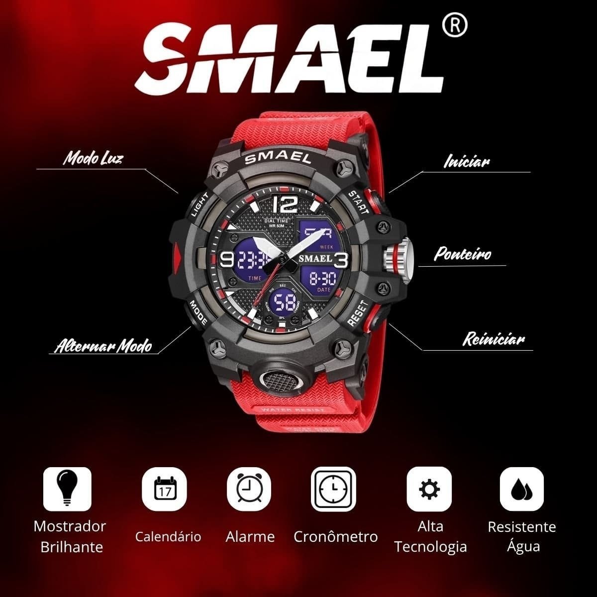 Relógio Masculino Smael AnaDigi 8008 Vermelho e Preto (DCRE: 2024/18132-0) Preto/Vermelho 2