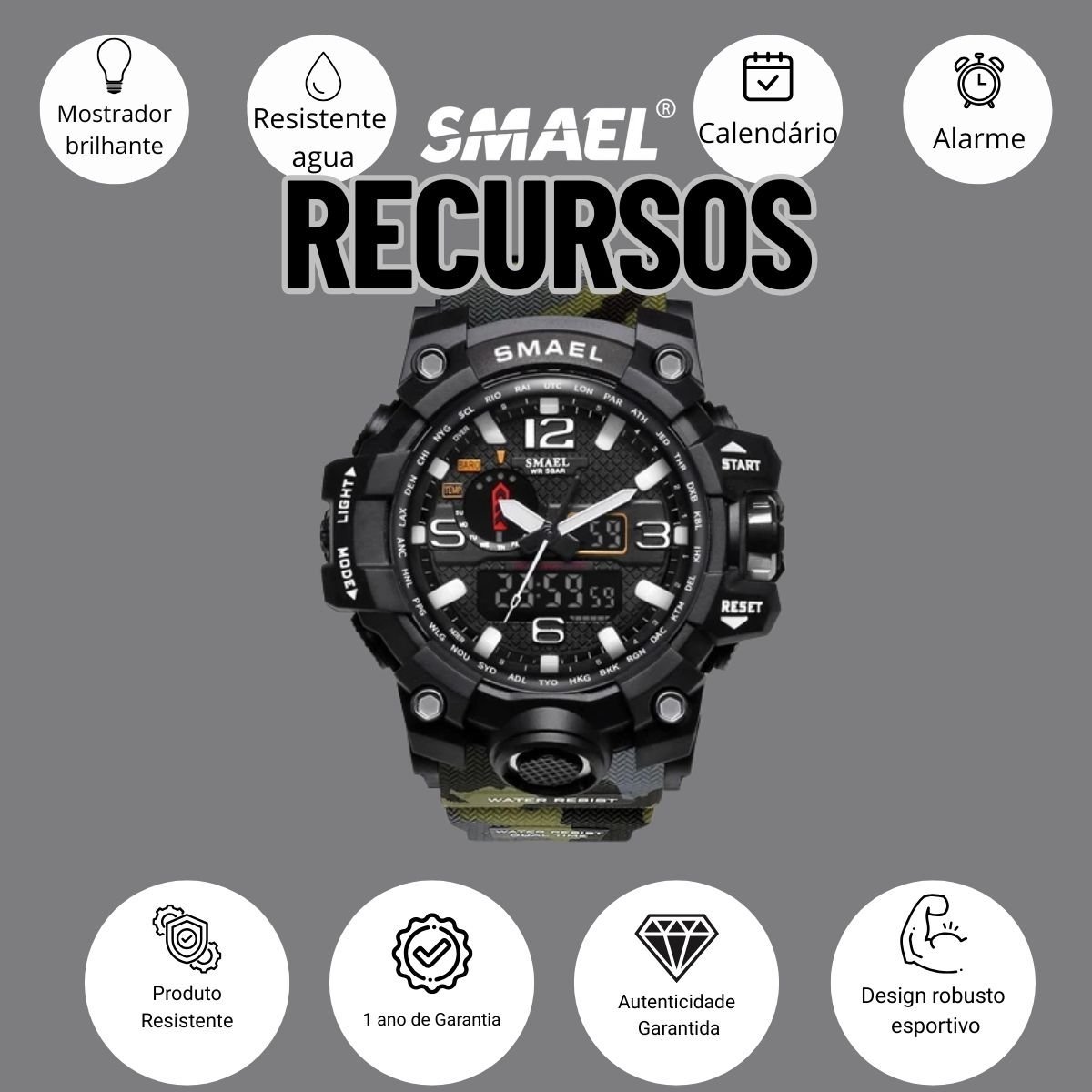 Relógio Masculino Smael AnaDigi 1545D Camuflado e Preto (DCRE: 2024/18132-0) Preto 5