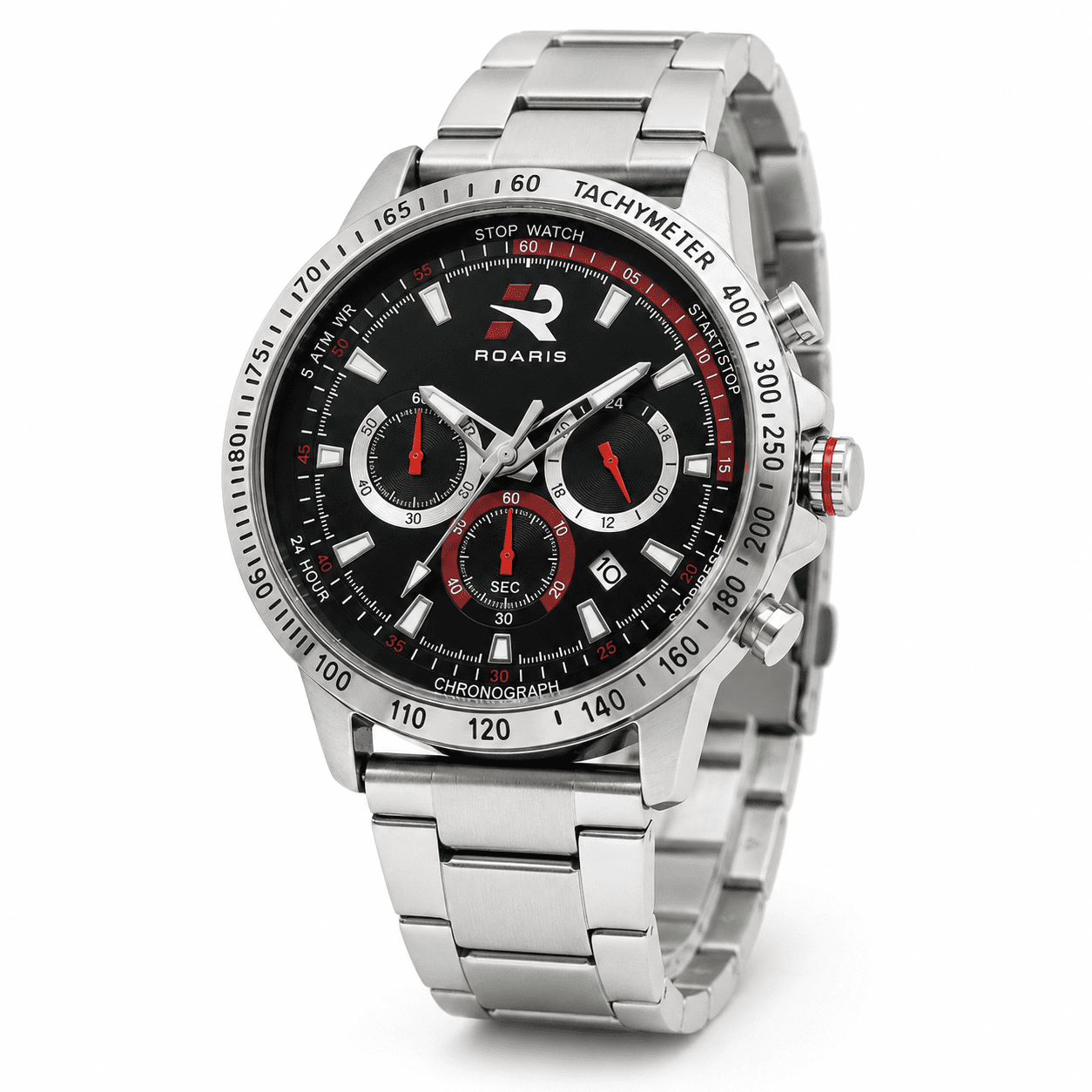 Relógio Masculino Roaris Cronógrafo Analógico Prata Preto e Vermelho RR00006