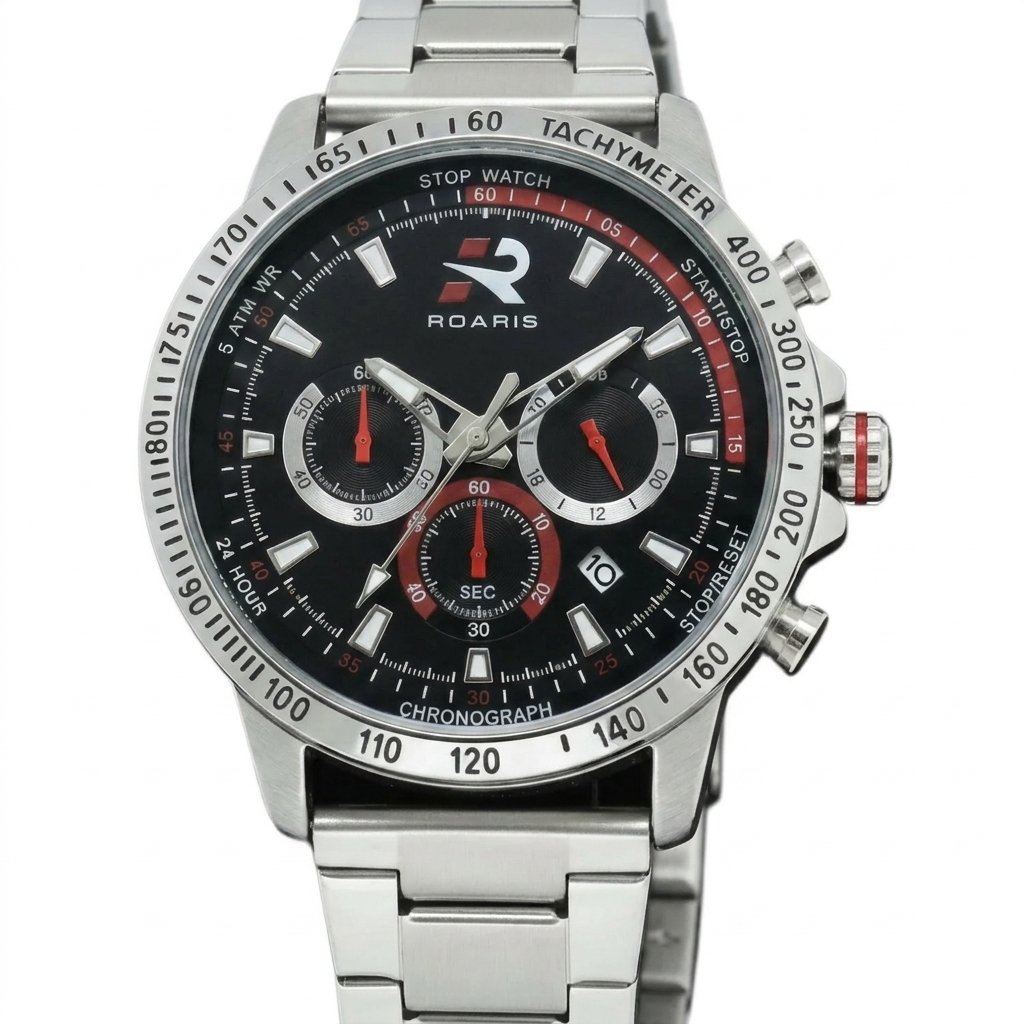 Relógio Masculino Roaris Cronógrafo Analógico Prata Preto e Vermelho RR00006 Prata 7