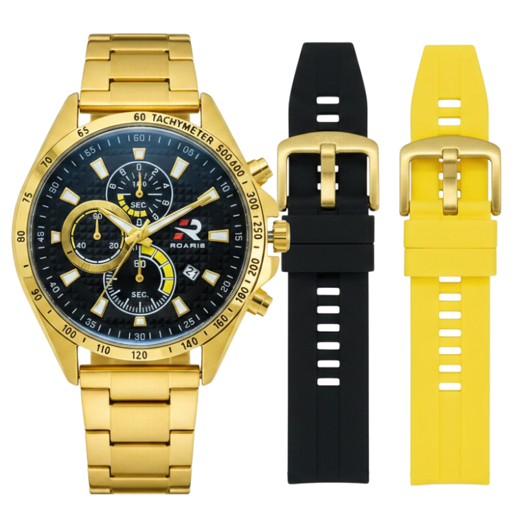 Kit Relógio Masculino Roaris 3 em 1 com Troca de Pulseira Cronógrafo Dourado Preto RR00002 Dourado 2