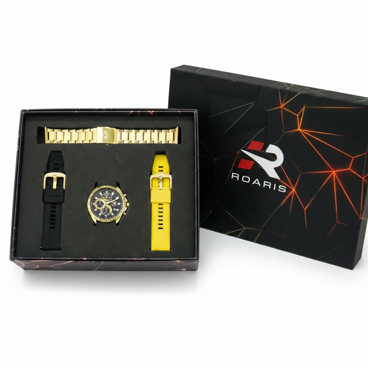Kit Relógio Masculino Roaris 3 em 1 com Troca de Pulseira Cronógrafo Dourado Preto RR00002 Dourado 3