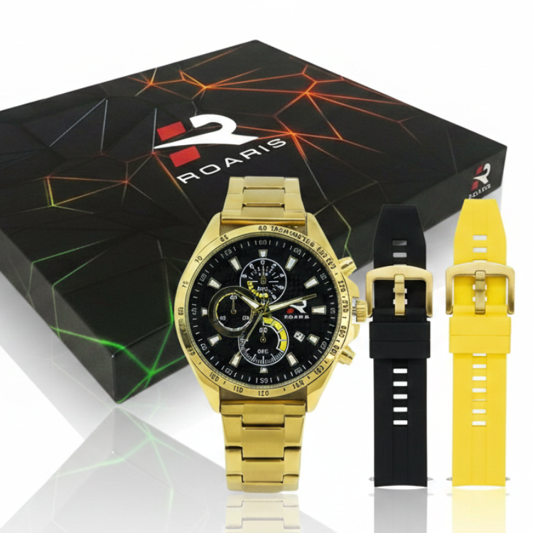 Kit Relógio Masculino Roaris 3 em 1 com Troca de Pulseira Cronógrafo Dourado Preto RR00002 Dourado 7