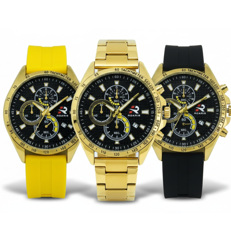 Kit Relógio Masculino Roaris 3 em 1 com Troca de Pulseira Cronógrafo Dourado Preto RR00002 Dourado 8