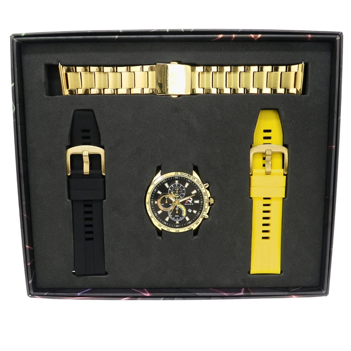 Kit Relógio Masculino Roaris 3 em 1 com Troca de Pulseira Cronógrafo Dourado Preto RR00002 Dourado 9