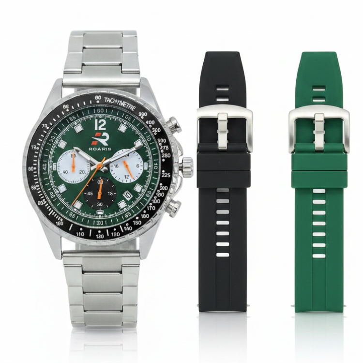 Kit Relógio Masculino Troca Pulseira Roaris RR00003 Presente Masculino Prata Verde e Preto