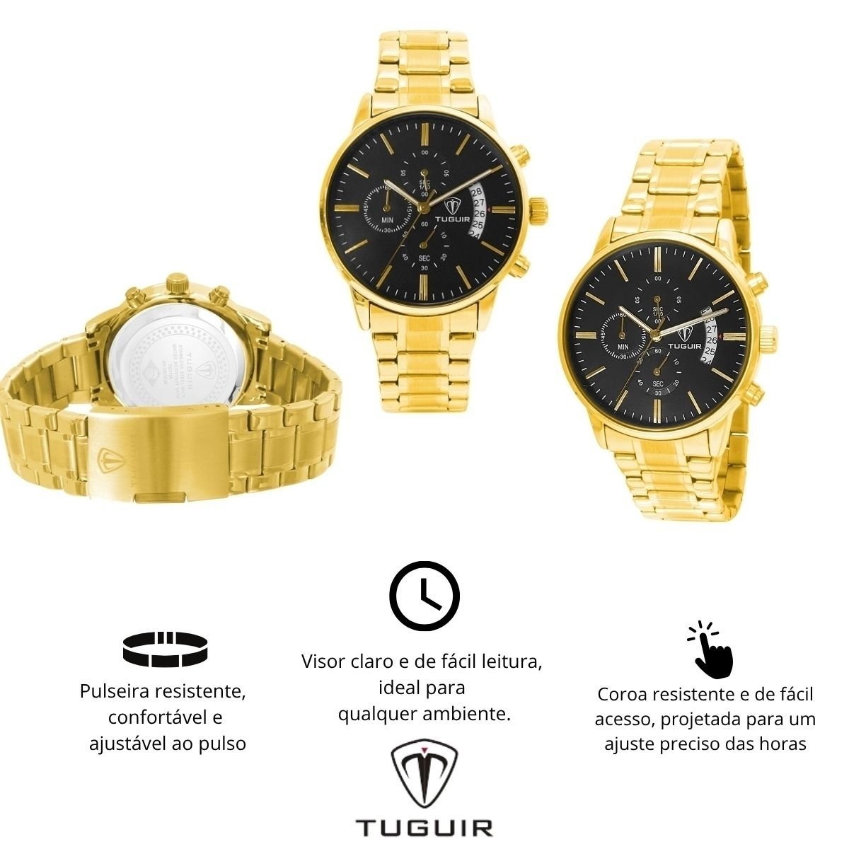 Relógio Cronógrafo Masculino Tuguir Analógico TG3150 Dourado e Preto (DCRE: 2023/28104-5)
