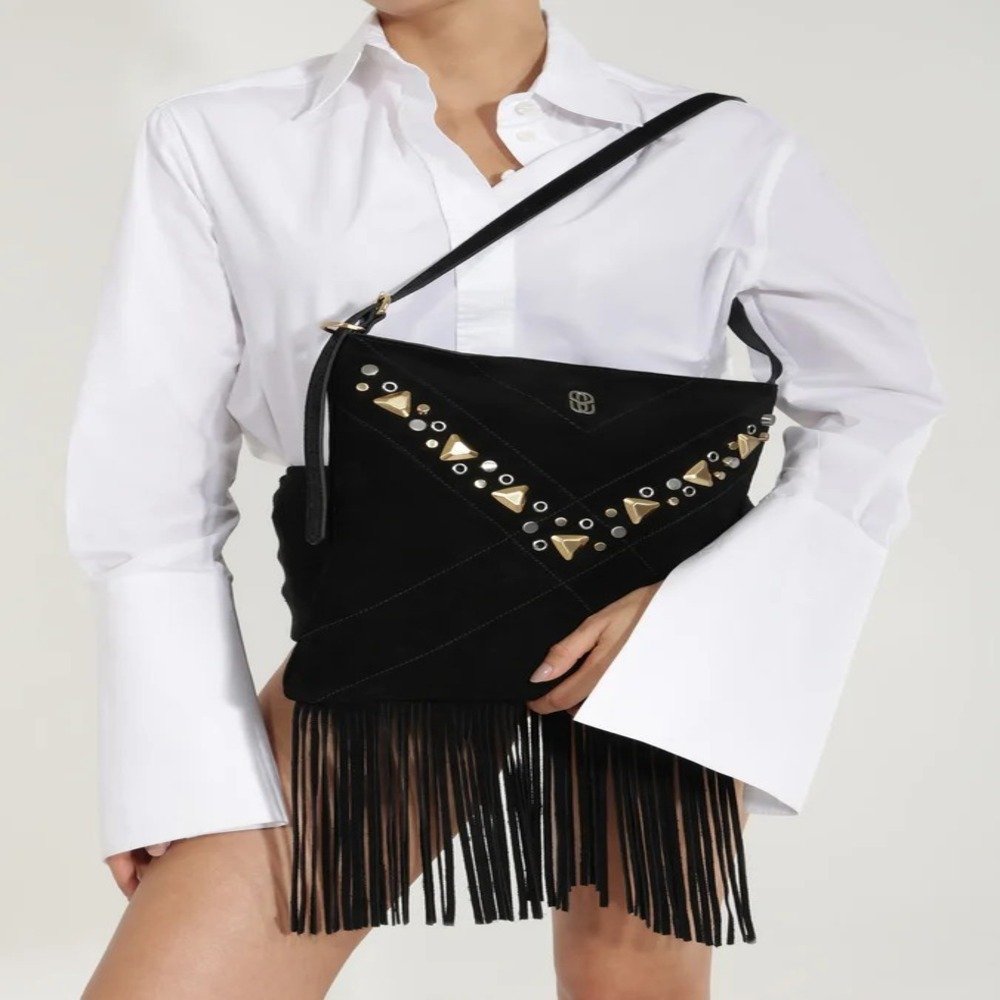 Bolsa Schutz Mally Tiracolo Pequena Franjas Preta Preto 2